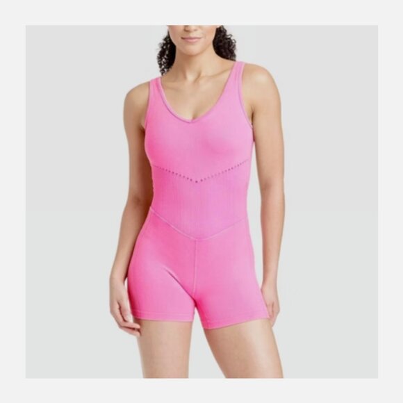 Women's Seamless Short Active Bodysuit Fitness Workout Yoga Rompers Pink M - Picture 3 of 3